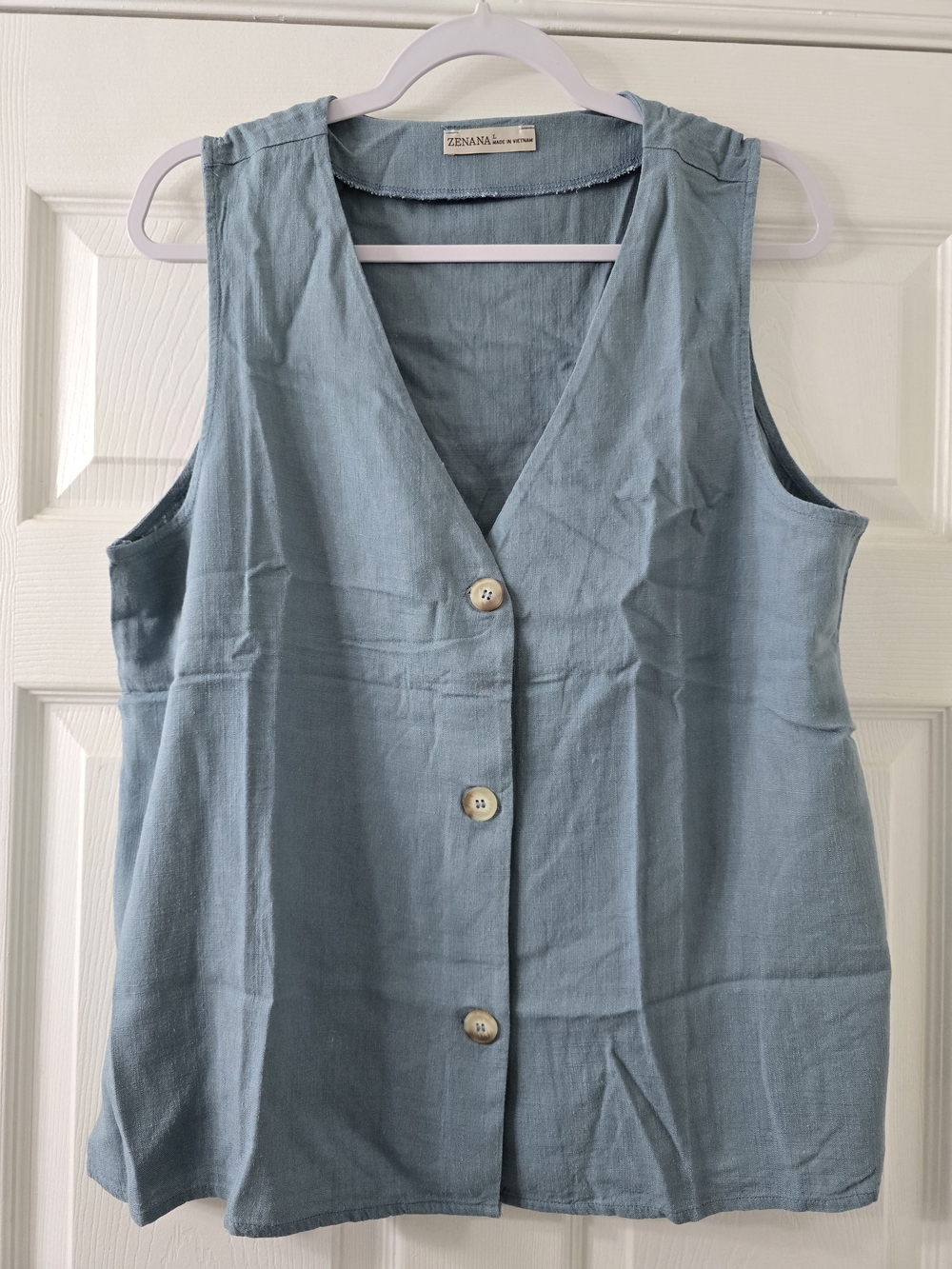 Zenana Dusty Blue Sleeveless Button-Front Vest - Large